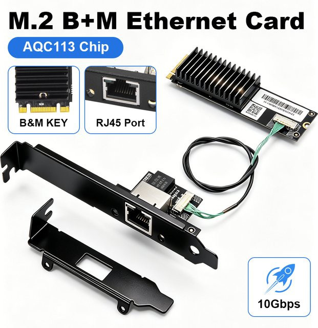 Fenvi 10 Gbit/s M.2 NVMe LAN-Karte mit AQC113 Ethernet-Controller für PC, Schwarz - Bild 1