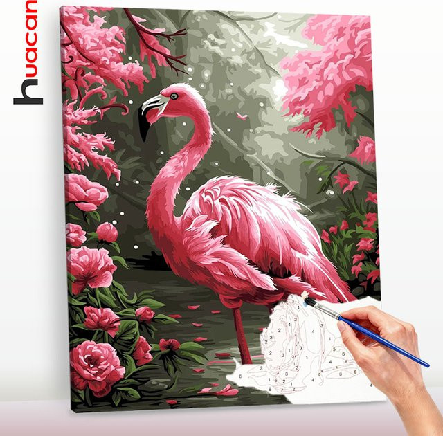 Huacan Malen nach Zahlen Flamingo Ölgemälde als handgemaltes Tierbild auf Leinwand in Multicolour - Bild 1