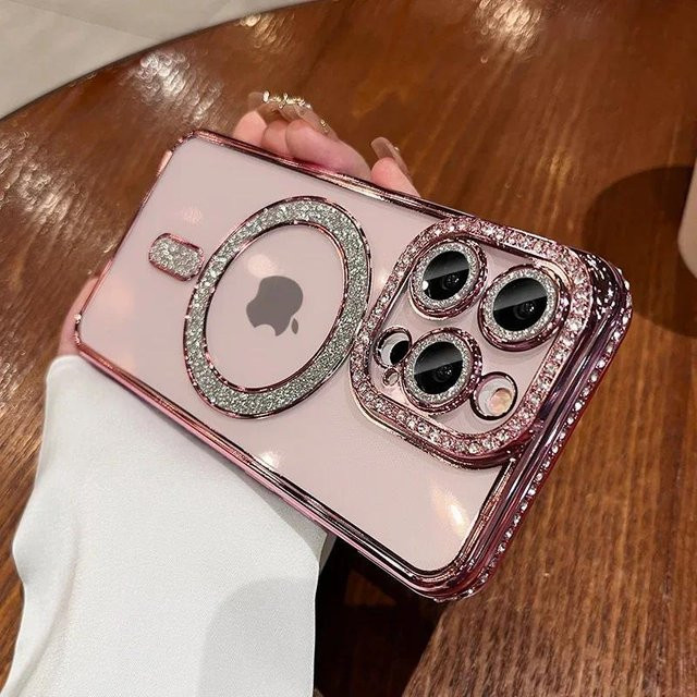 Luxuriöse MagSafe Handyhülle mit Diamant-Glitzer und transparenter Beschichtung für Apple iPhone 11 12 13 14 15 Pro Max Plus in Rosa und Grau - Bild 1