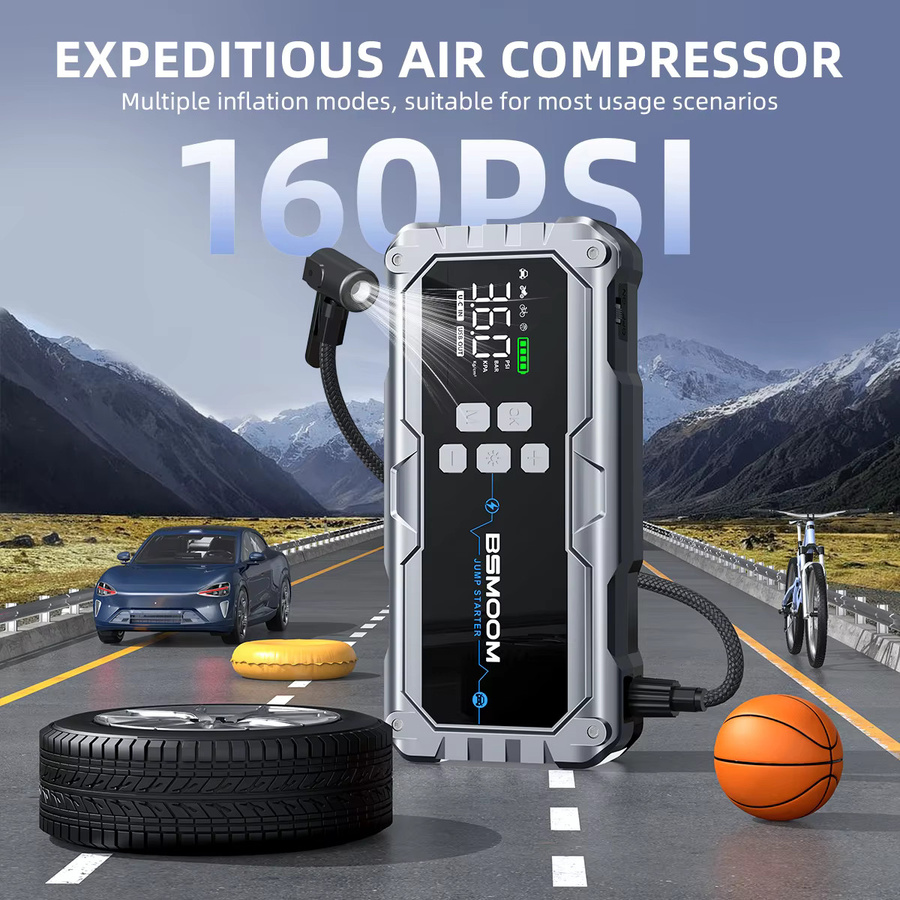 BSMOOM 2-in-1 Auto-Notfall-Starthilfe mit 26800mAh Powerbank, 1500A Spitzenstrom und digitalem 150PSI Reifenfüller inklusive LED-Taschenlampe und LCD-Reifendruckmonitor - Bild 3