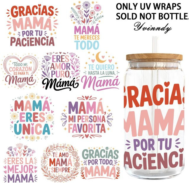 4er Set UV DTF Transferfolie für Tumbler mit spanischen Muttertags-Zitaten in Hellbeige und Multicolour - Bild 1