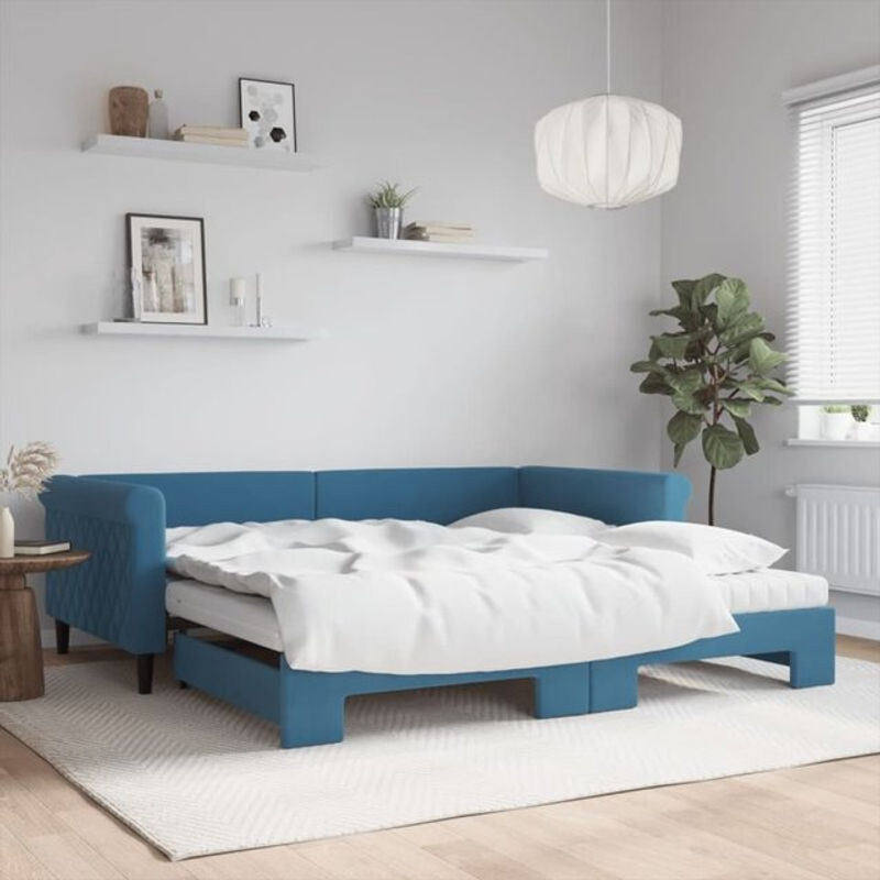 Ausziehbares Tagesbett mit Matratze von vidaxl in Blau aus Samt und Holz, B/T: 100 x 200 cm - Bild 1