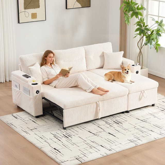 LVHOM Modernes 3-Sitzer Cord-Sofa mit USB-Anschlüssen, Getränkehaltern und Stauraum, ausziehbares Sofa für dein Wohnzimmer - Bild 1