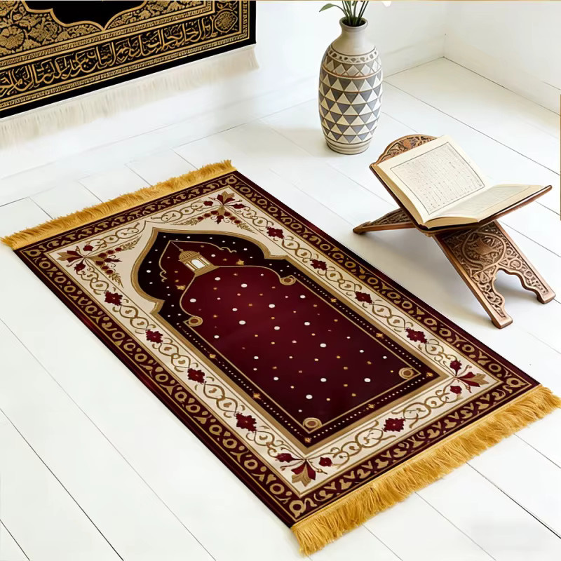 VIKAMA Islamischer Gebetsteppich mit Halbmond-Bogen Design in Multicolour, weich und faltbar - Bild 4