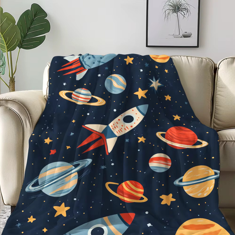 VIKAMA Flanelldecke mit Raketen- und Space-Motiv für Kinder, Mehrfarbig, B/T: 90 x 75 cm - Bild 2