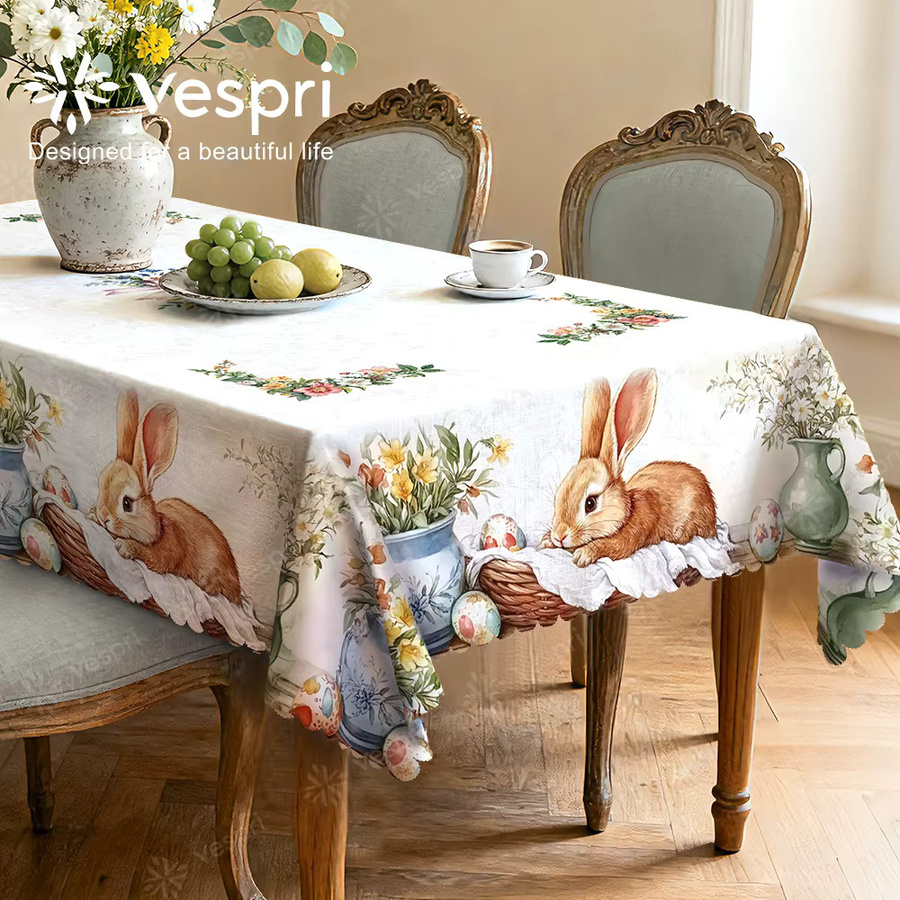 Vespri Oster-Tischdecke in Weiß-Beige mit Hasen-, Blumen- und Eiermuster im Country-House-Stil für deine Ostern-Party - Bild 2