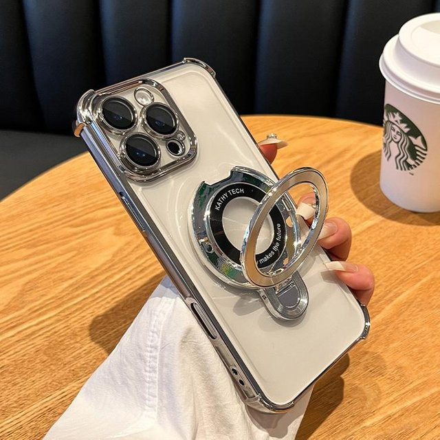 Yiran bag MagSafe Kabellose Ladehülle mit Magnetischem Ständer für iPhone 11 bis iPhone 16 Pro Max Plus, Transparent - Bild 1