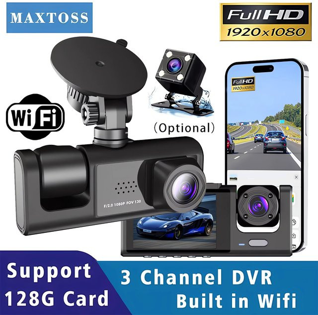 Maxtoss 3-Kanal WLAN Dashcam mit HD 1080P Video in Schwarz - Bild 1