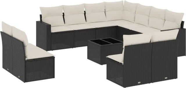 vidaXL 12-tlg Garten-Sofagarnitur in L-Form mit Kissen und Couchtisch, Schwarz, Poly Rattan und Metall - Bild 1