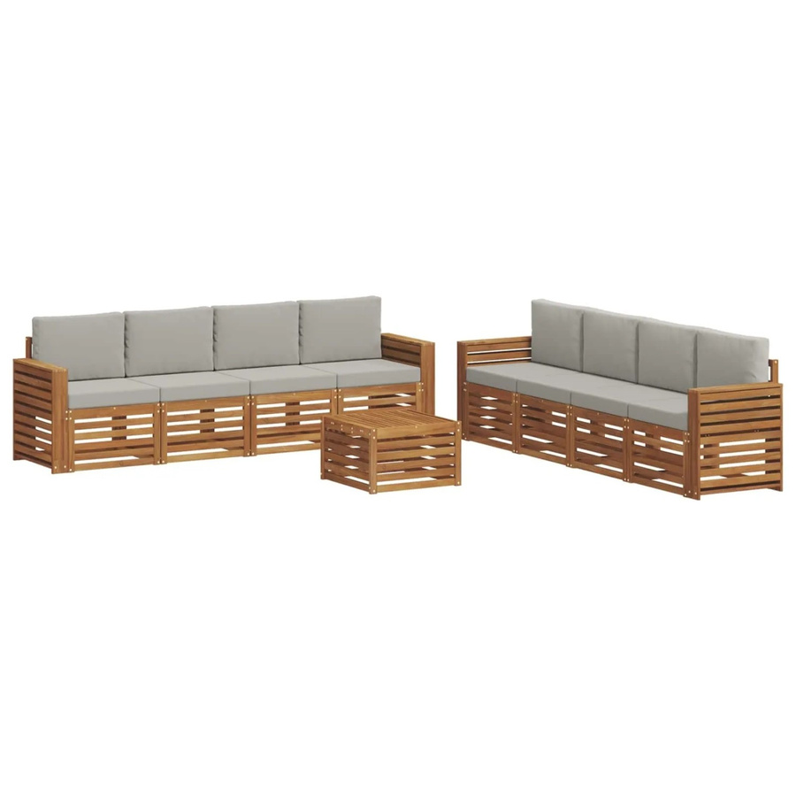 vidaXL 9-teilige Sofagarnitur aus Massivholz Akazie in Natur und Hellgrau mit Tisch und Kissen im modernen Latten-Design - Bild 2