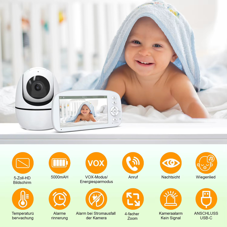 VOX Babyphone Video Set mit 2 Kameras in Weiß, HD 720P, 350 Grad Rotation, Nachtsicht, Temperatursensor und 5000 mAh Akku - Bild 2