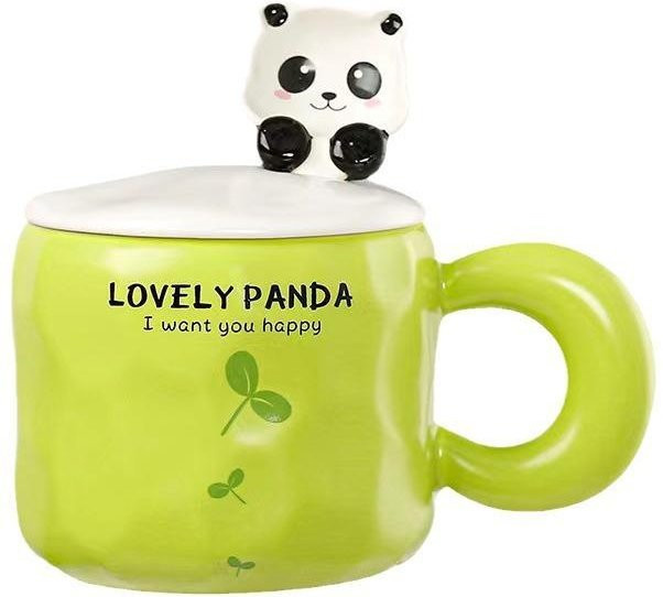 Keramiktasse mit Panda-Motiv von Yiran Furniture, Farbe Grün, inklusive Deckel und Löffel, 450 ml - Bild 1