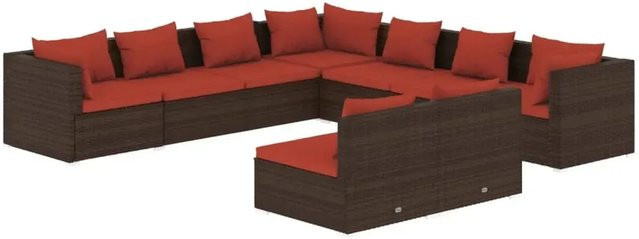 vidaXL 9-tlg. Garten-Lounge-Set in L-Form aus Poly-Rattan mit Kissen in Braun und Rot - Bild 1