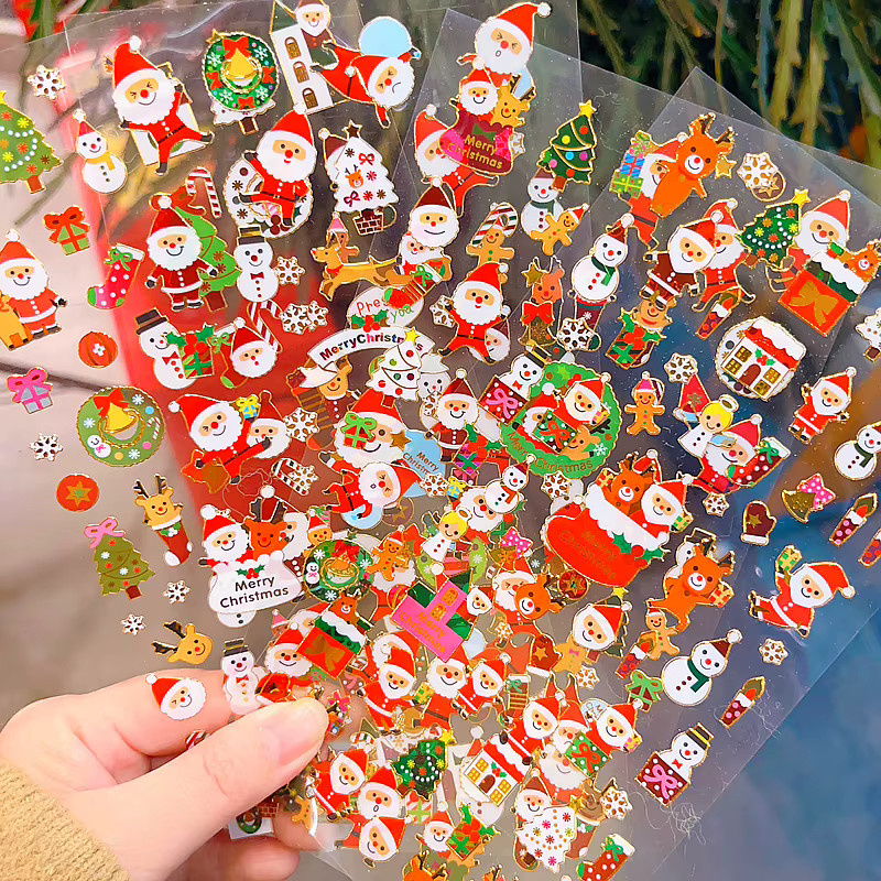 4 Stück Weihnachts Aufkleber mit Weihnachtsmann und Schneeflocken in Gold und Multicolour für DIY Scrapbooking und Journaling - Bild 2