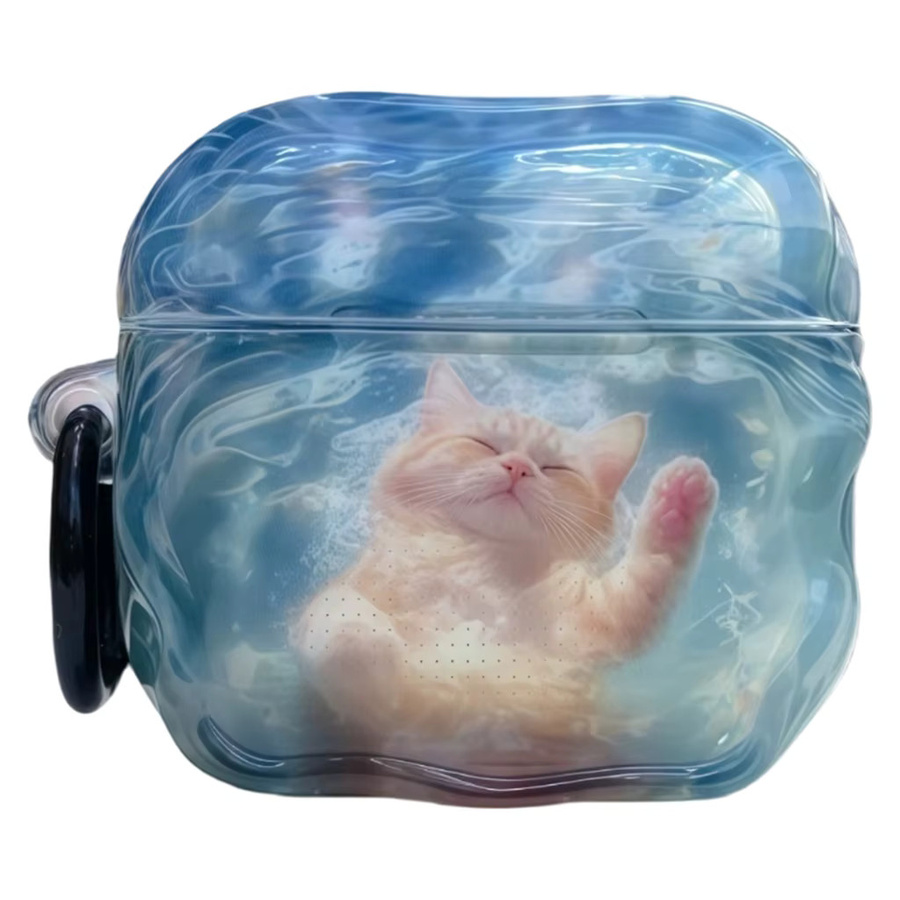 Kawaii Wellenrand Kopfhörer-Schutzhülle für Apple AirPods 1 2 3 4 Pro 2 Pro 3 in Blau mit glänzender Oberfläche und Schwimmender Katze Design - Bild 6