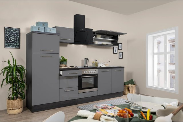 Respekta Premium Küchenzeile modern in Grau Hochglanz mit Soft-Close-Türen, Breite: 270 cm, Tiefe: 54,5 cm, Höhe: 91 cm - Bild 1