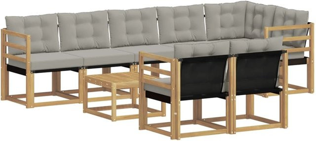 vidaXL Outdoor-Sofagarnitur 9-teilig aus Akazienholz und Textilene in Weiß-Hellgrau mit Kissen und Armlehnen - Bild 1