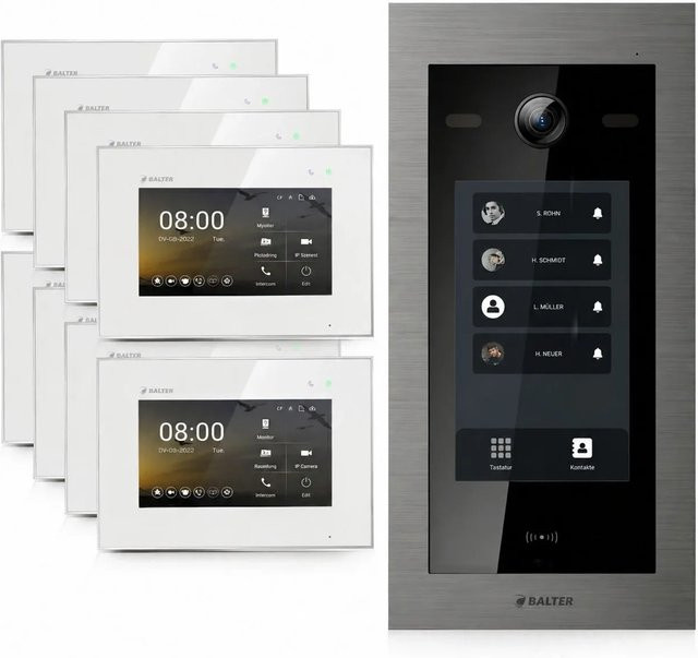 Balter EVO HD Video Türsprechanlage mit Touchscreen und RFID für Achtfamilienhäuser, 8x 7 Zoll Monitor, Silber Weiß - Bild 1