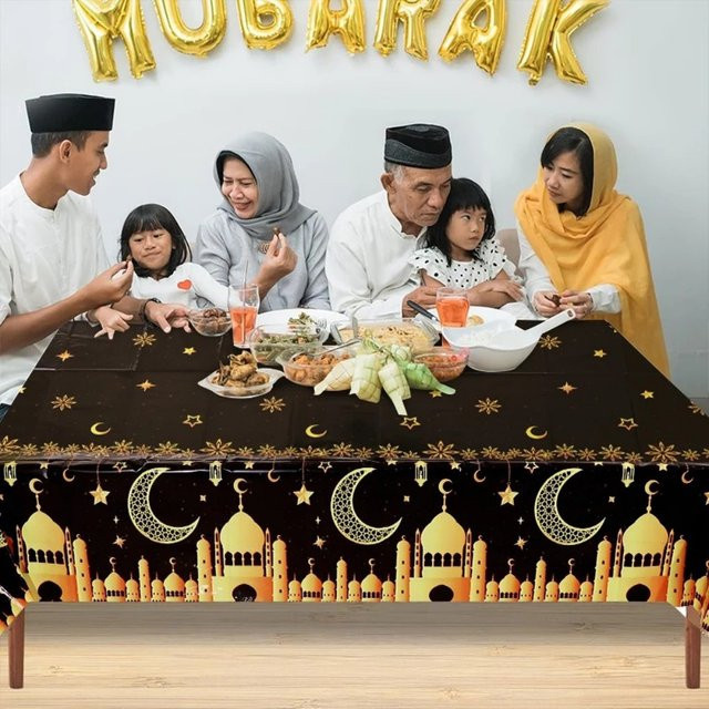 VIKAMA Tischdecke mit Mond-Gold-Print, orientalische Ramadan-Festtags-Tischdecke aus Leinen, schmutzabweisend und waschbar - Bild 1