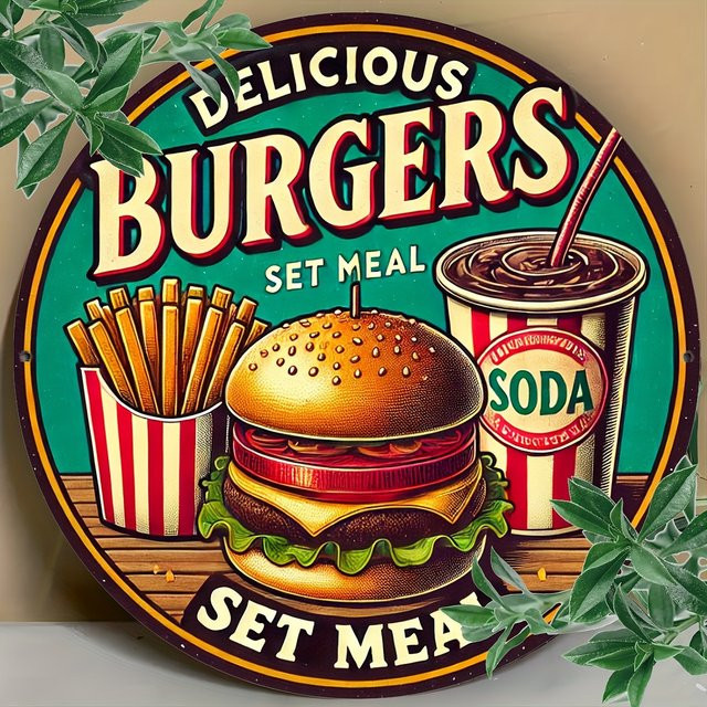 Potdemiel Metallschild Delicious Burgers im Vintage-Stil, runde Aluminium-Wandkunst, Mehrfarbig, Durchmesser: 20,3 cm - Bild 1