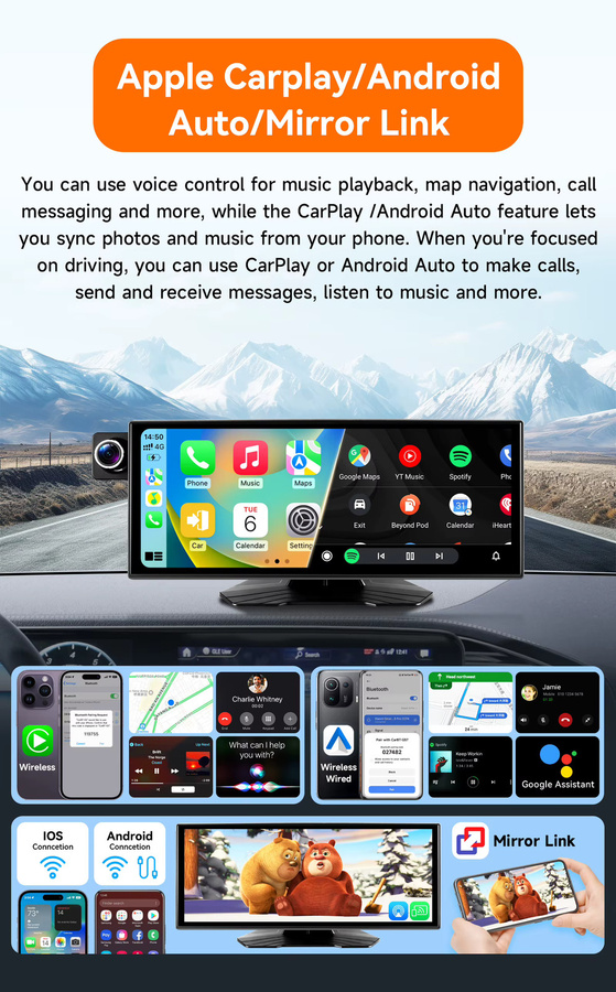 Hizpo Tragbarer Autoradio Universal Android 14 Multimedia-Player mit 11,4 Zoll HD Display, GPS, Bluetooth, kabelloses Apple CarPlay und Android Auto, Schwarz - Bild 2
