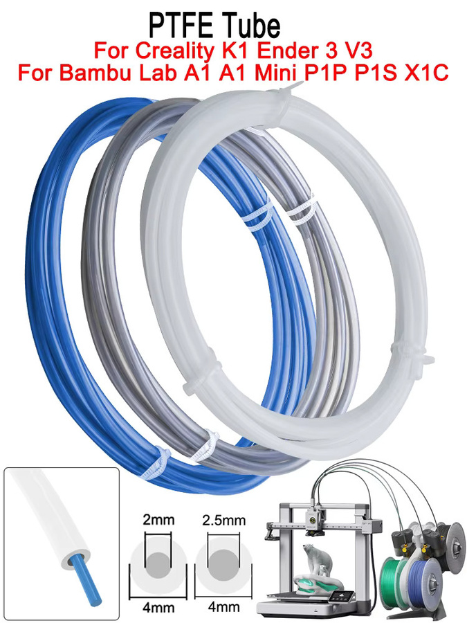 YUNSN 3D PTFE-Schlauch für Bambu Lab A1 Mini P1P P1S X1C und Creality K1 Ender 3 V3, Farbe: Grau, ID: 2,5 mm, OD: 4 mm - Bild 6