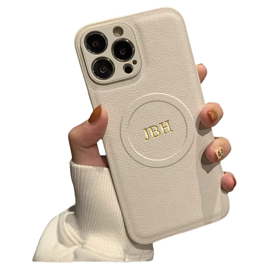 Personalisierte Lederhülle für Apple iPhone 17 Pro Max 16 15 14 13 12 mit individuellen Initialen und Namen in Beige, MagSafe kompatibel - Bild 4