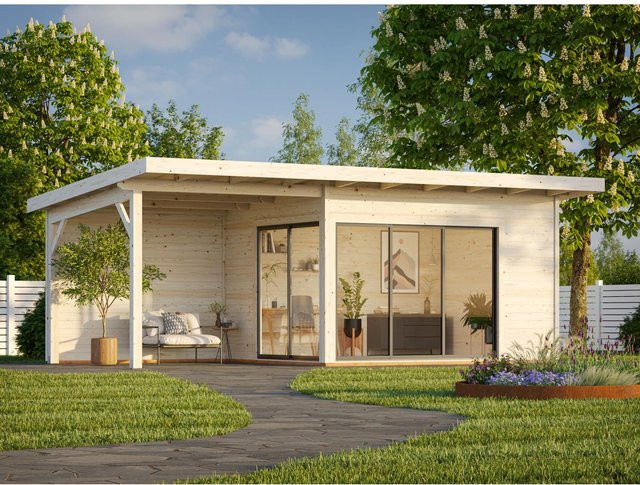 Palmako Gartenhaus Andrea Slide aus Fichtenholz in Grau, Pultdach mit Vordach und Montageset, B: 693 cm, H: 264 cm, T: 300 cm - Bild 1