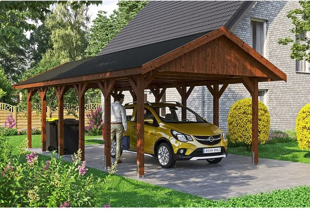 Satteldach-Carport Wallgau von SKANHOLZ in Nussbaum mit schwarzen Schindeln, B/T: 430 x 900 cm, Firsthöhe: 326 cm - Bild 1