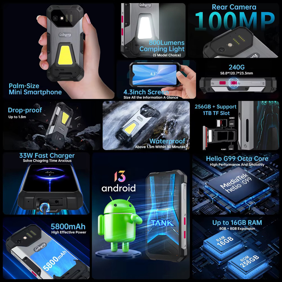 Unihertz Tank Mini Robustes Smartphone Schwarz mit 4,3 Zoll Display, Android 13, Helio G99, 256 GB Speicher, 100MP Kamera, 5800mAh Akku und NFC - Bild 2