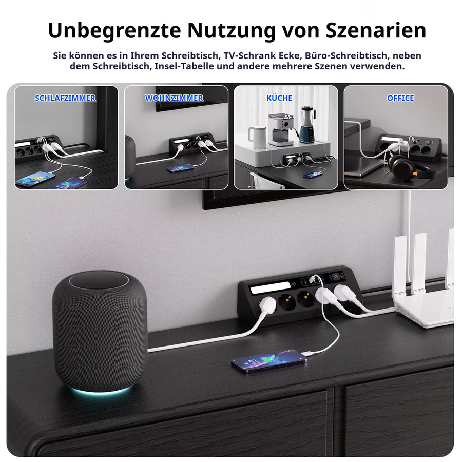 Wandmontierte Tisch-Ecksteckdose in Schwarz mit 5 Steckdosen, 2 USB-C-Anschlüssen und 90 Grad Dreieckdesign - Bild 4
