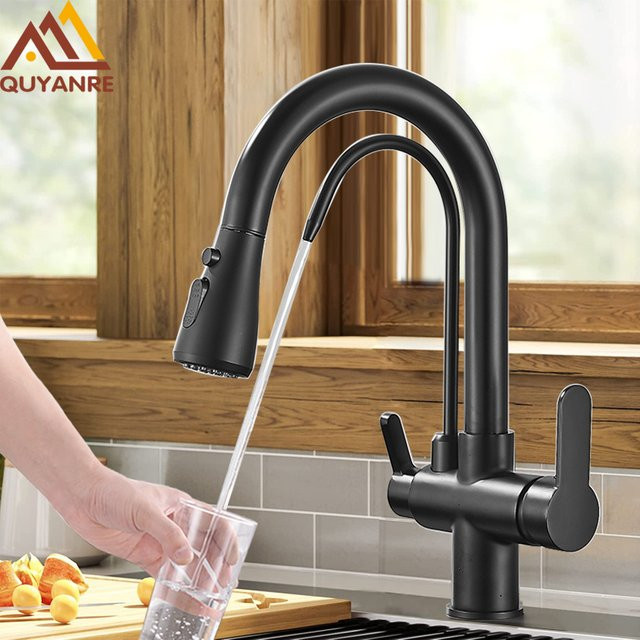 Quyanre Küchenarmatur in Mattschwarz mit gefiltertem Wasser, 360 Grad drehbarer Drei-Wege-Spültischmischer mit ausziehbarem Sprühhahn, Höhe: 34,5 cm, Tiefe: 16,0 cm, Breite: 11,5 cm - Bild 1