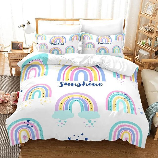 Allbestart Regenbogen Bettwäsche Set für Kinder in Pastellfarben mit Bettbezug und Kissenbezug, Multicolor, B/H: 135 x 200 cm - Bild 1
