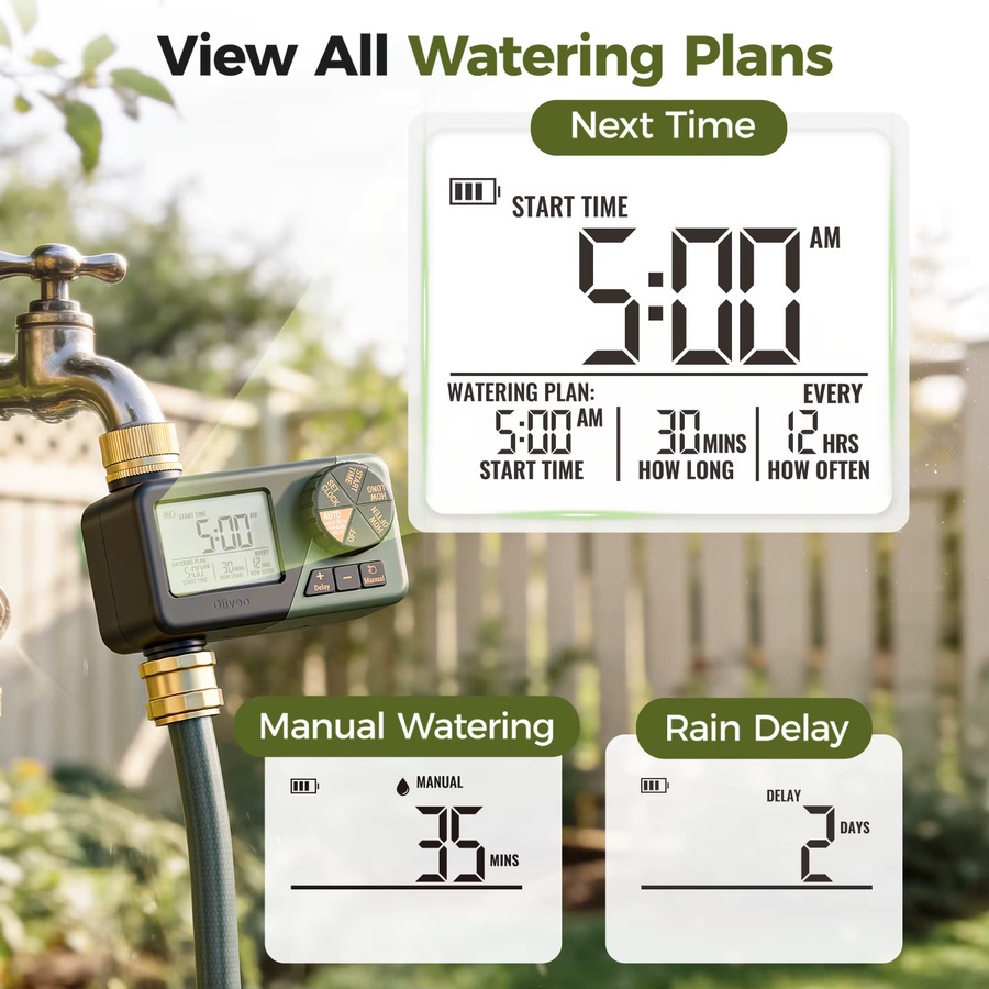 Diivoo Bewässerungstimer mit Messing-Ein- und Auslass, programmierbarer automatischer Gartenbewässerungstimer in Schwarz mit Regenverzögerung und manueller Bewässerung - Bild 4