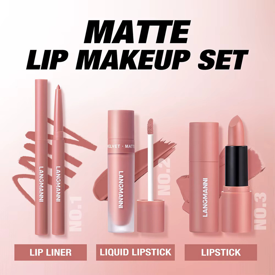 Lippen-Set mit Lipliner, flüssigem Lippenstift & Kugel-Lippenstift Trio, Nude, 6 Farben - Bild 3