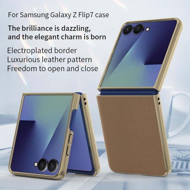 Schlanke Litschi-Leder Handyhülle mit vakuumbeschichtetem Rahmen für Samsung Galaxy Z Flip 7 in Grau - Bild 1