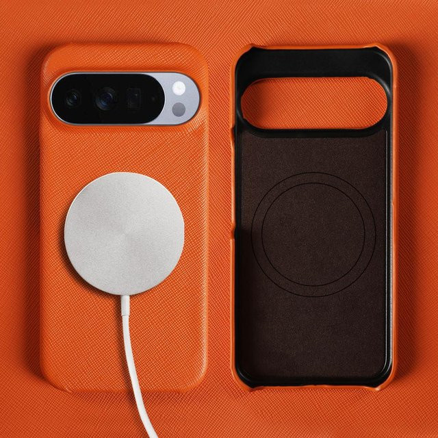 MagSafe Echte Lederhülle für Google Pixel 10 Pro, 9 Pro XL, 8, 7, 6 Pro, 5 in Orange - Bild 1