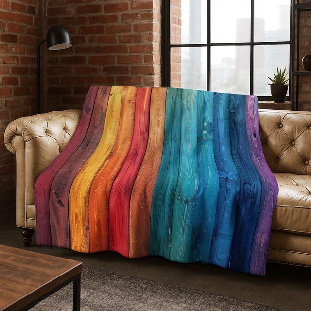 YangJOJO Flanell Decke Regenbogen Retro Holzbrett Design in Multicolour, weiche Überwurfdecke für Schlafzimmer und Sofa, B/B: 100 x 150 cm - Bild 1
