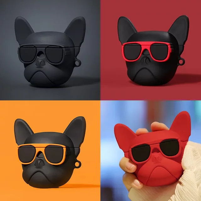 Apple Silikon Kopfhörerhülle Bulldogge im 3D-Cartoon-Design für AirPods Pro 2, AirPods 3, 2 und 1 inklusive Haken - Bild 1