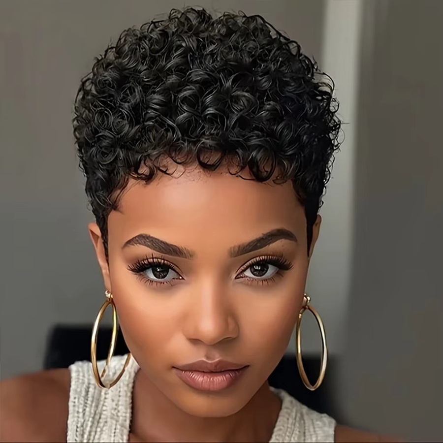 OYM HAIR Pixie-Perücke, schwarz, lockig, Echthaar, Damen - Bild 5
