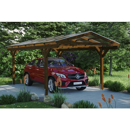 Skan Holz Carport Westerwald aus Fichte Leimholz in Nussbaum Braun mit Doppelstegplatten und spitzer Dachform B/T: 362 x 648 cm, Höhe: 281 cm - Bild 3