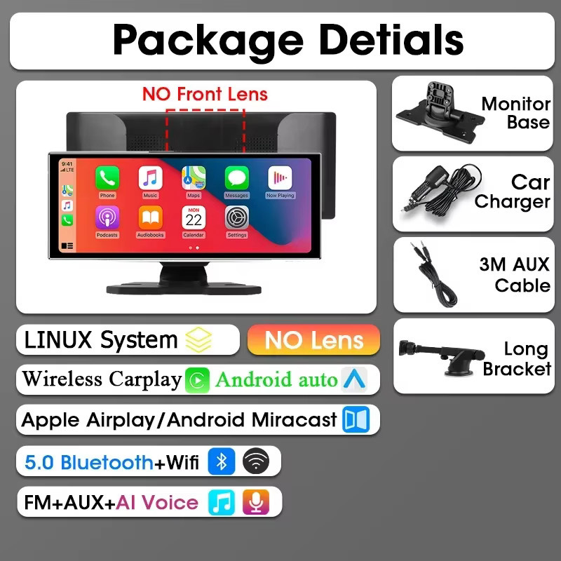Srnubi 11,26 Zoll Dash Cam mit 4K DVR, Carplay und Android Auto, Dual Lens Recorder mit WIFI, Bluetooth, AUX und GPS in Schwarz - Bild 6