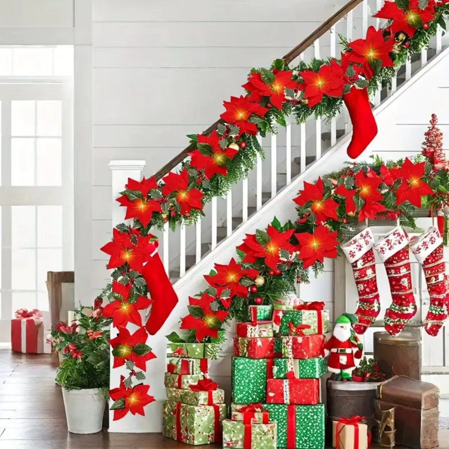 Peach Forest Künstliche Weihnachtsstern-Girlande mit roten Beeren und Stechpalmenblättern in Rot - Bild 4