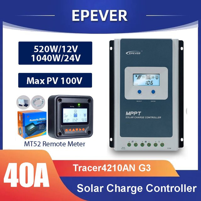 EPEVER 40A MPPT Solar-Laderegler für 12V und 24V Batteriespannung mit maximal 100V Solarmodulspannung und optionalem MT52 Datenmonitor - Bild 1