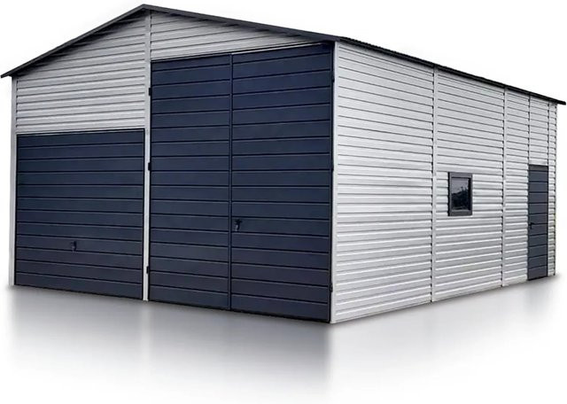 Liderstal Halle Premium aus Trapezprofilblech mit Satteldach, Schwingtor, Doppeltür und 2x Kippfenster in Aluminium Grau, B: 600 cm, T: 800 cm - Bild 1
