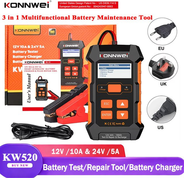 KONNWEI KW520 Automatischer Auto- und LKW-Batterietester und -Ladegerät in Schwarz für Blei-Säure, AGM, Gel und Lithium-Batterien mit Pulsreparaturfunktion (12V 10A / 24V 5A) - Bild 1
