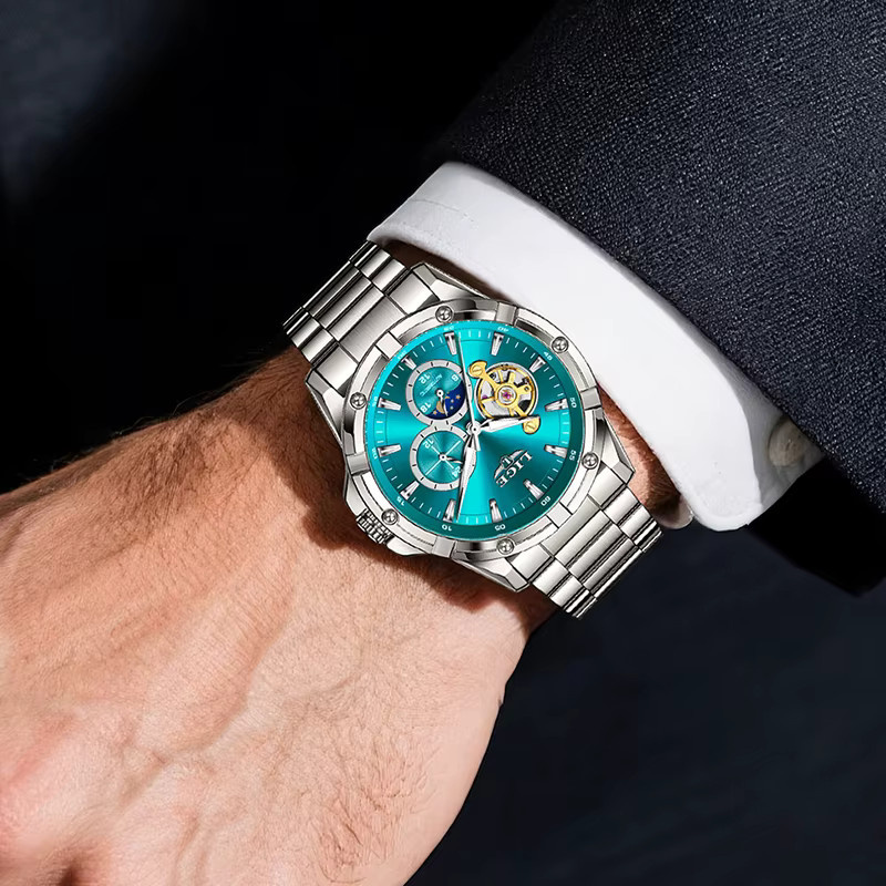 LIGE Armbanduhr Automatik, Edelstahl, Silber, Grün, Herren - Bild 5