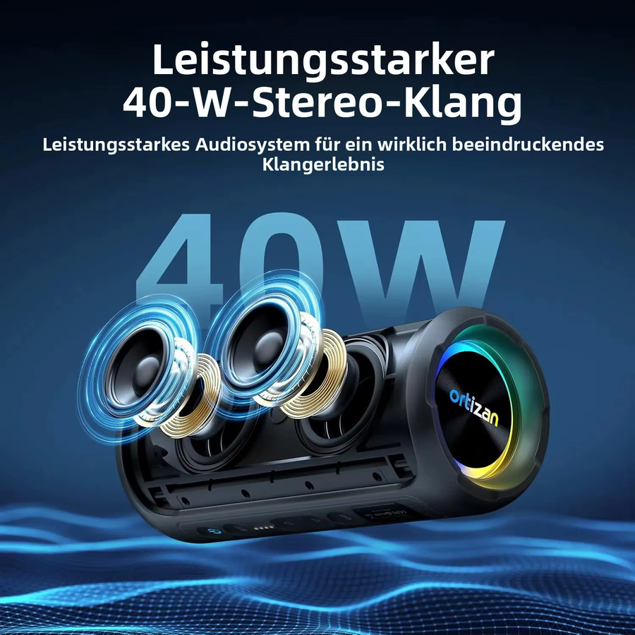 Ortizan Kabelloser Tragbarer Bluetooth-Lautsprecher mit 40W, IPX7 Wasserdicht, RGB-Beleuchtung und Tiefem Bass in Schwarz oder Blau - Bild 2