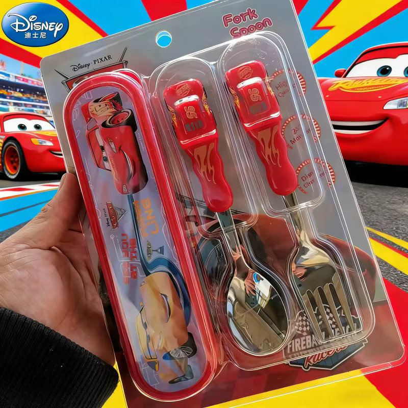 Disney Cars Lightning McQueen Besteckset für Kinder aus rotem Edelstahl mit Gabel, Löffel und Aufbewahrungsbox - Bild 2
