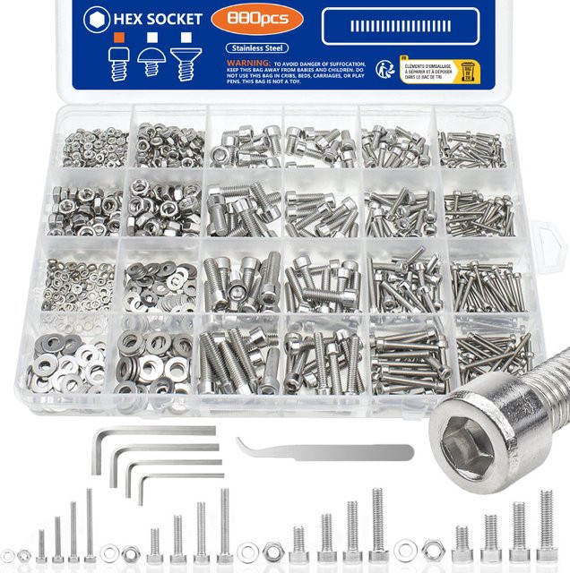 SANJODS 880-teiliges Innensechskantmutter- und Bolzenset aus Edelstahl in Silber mit Unterlegscheiben für M2, M3, M4 und M5 - Bild 1